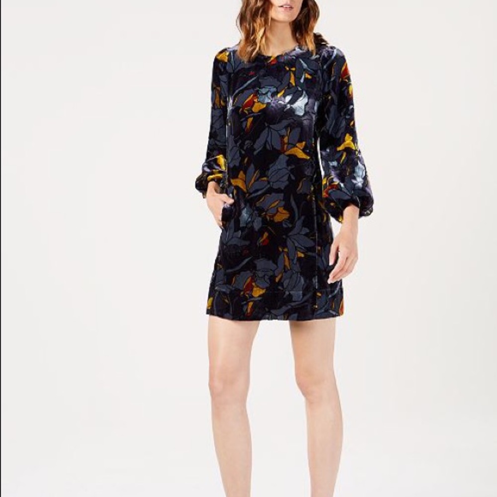 French Connection Velvet Blue Dress Puff Sleeves
